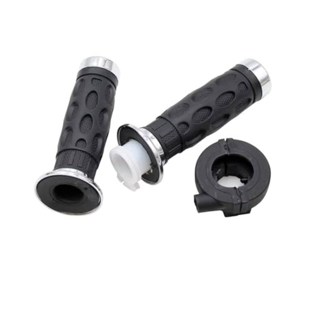 Black rubber throttle grips with silver end caps and twist throttle housing