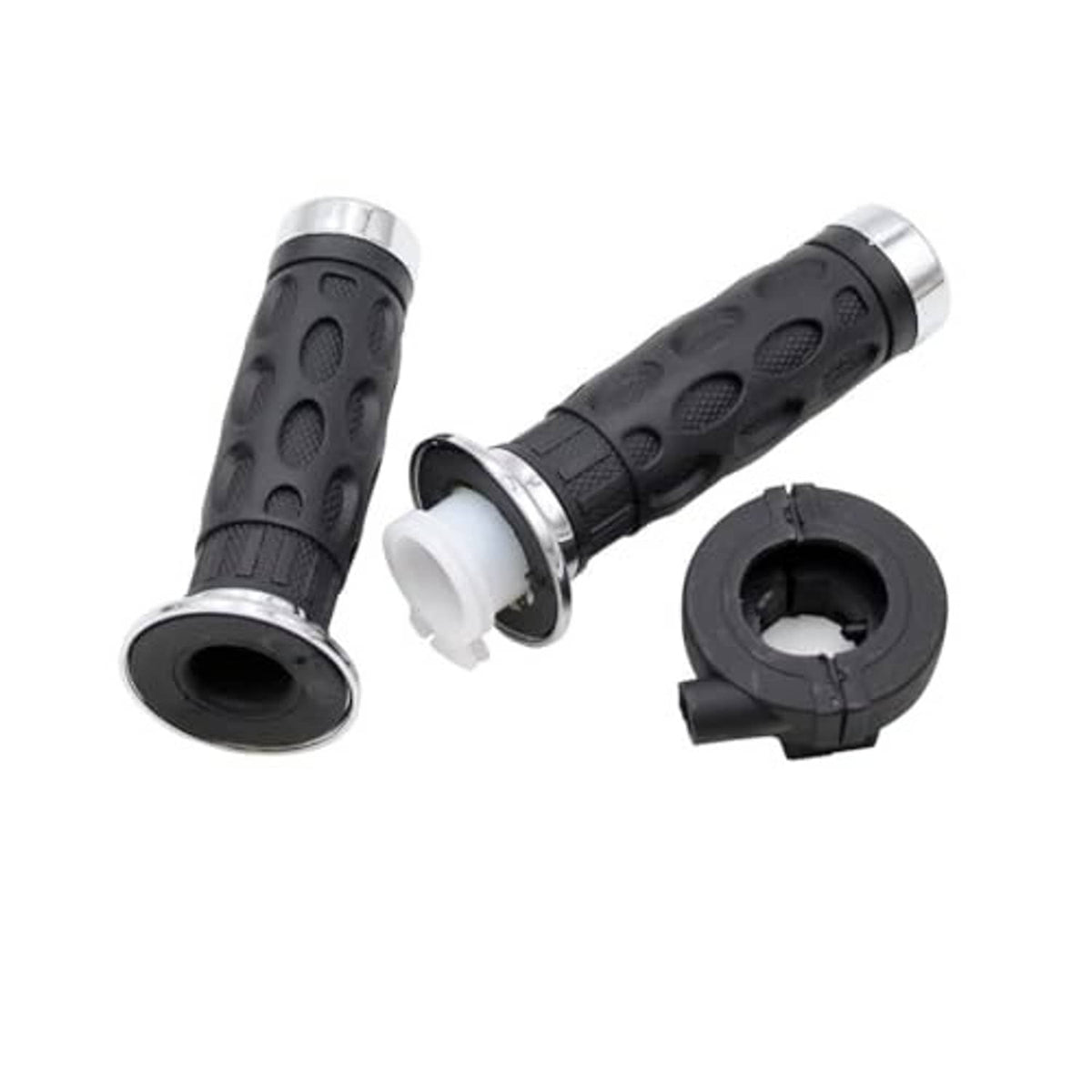 Black rubber throttle grips with silver end caps and twist throttle housing