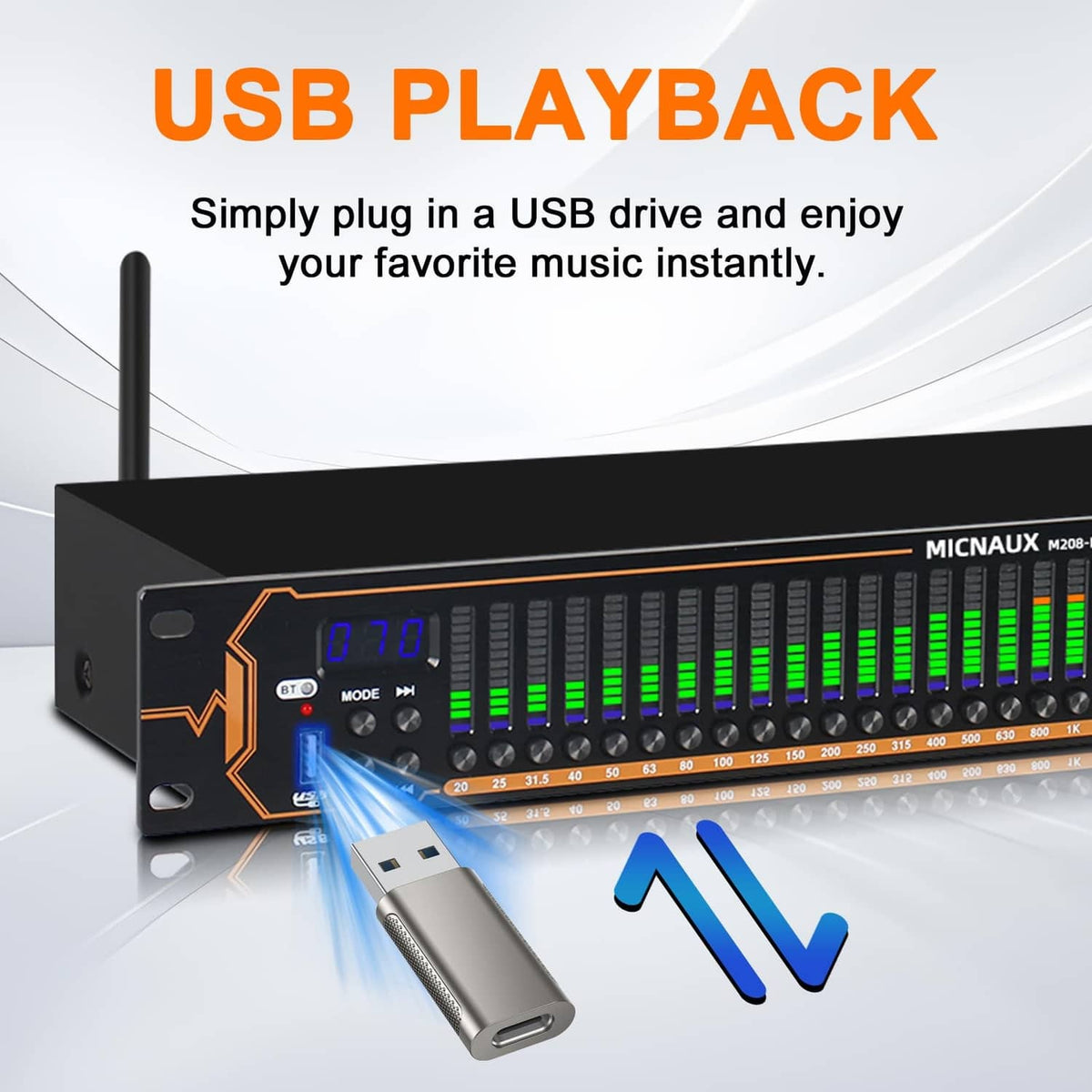 Audio equalizer front panel showing LED band levels with USB playback port