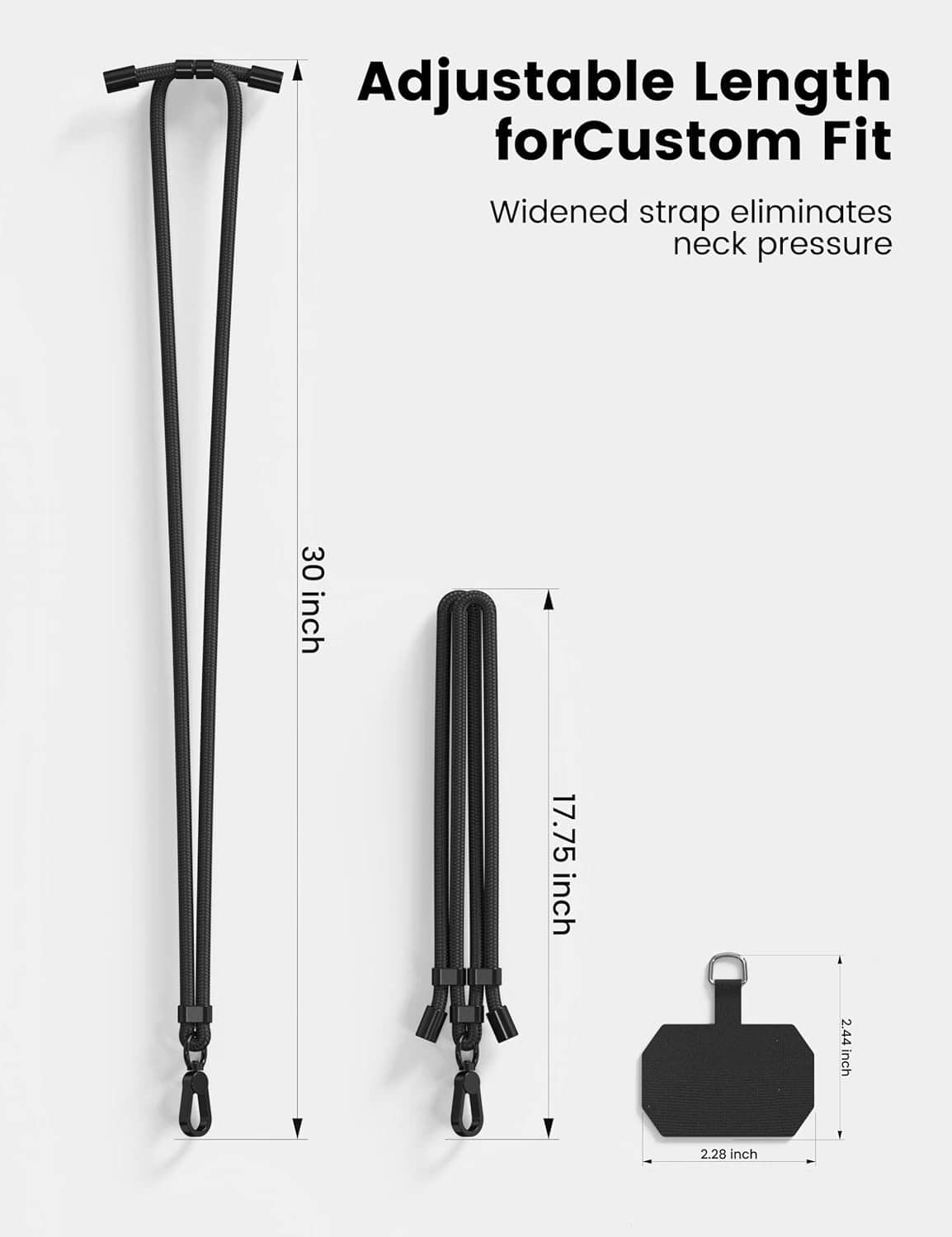 Adjustable black phone lanyard with carabiner ends and extended length for fit