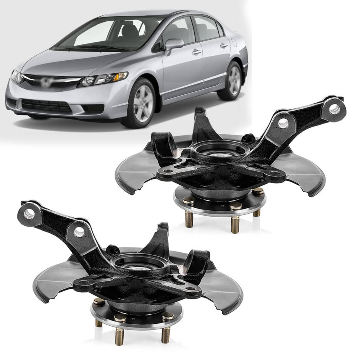 Front steering knuckle assemblies with black brake backing plate and wheel hubs