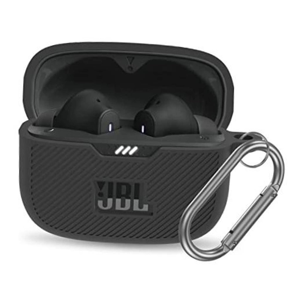 Black silicone earbud case cover with JBL logo, open lid