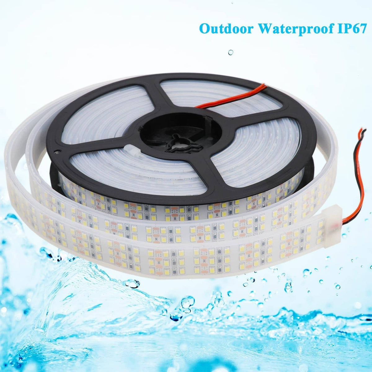 LED strip light reel with red and black wires, IP67 outdoor waterproof design