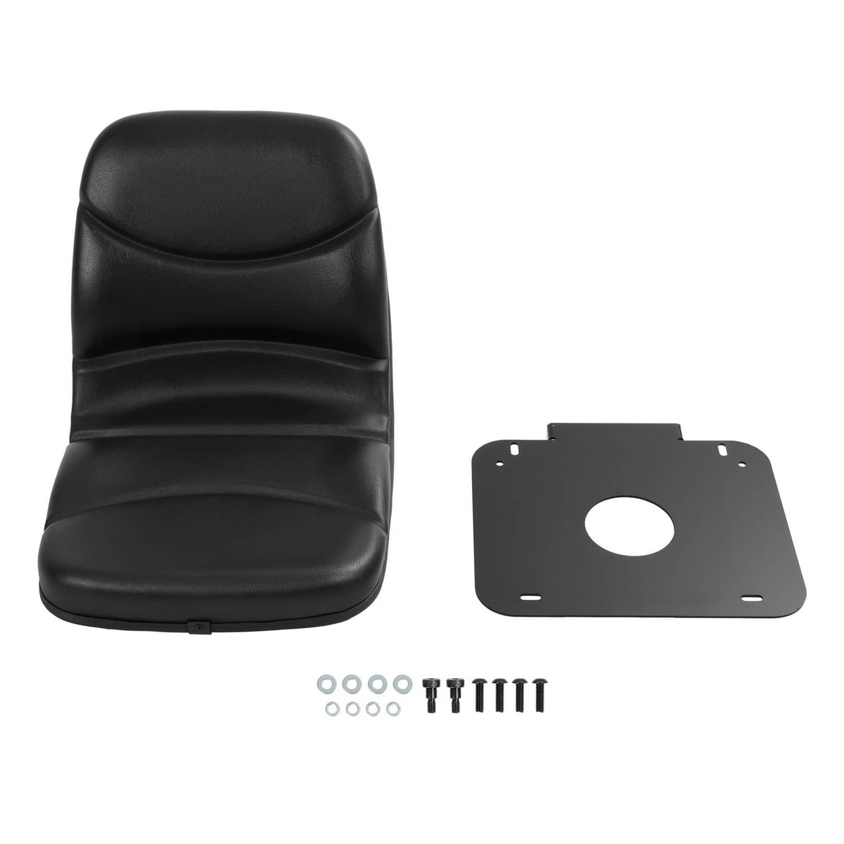 Black tractor seat with mounting plate and included screws and bolts
