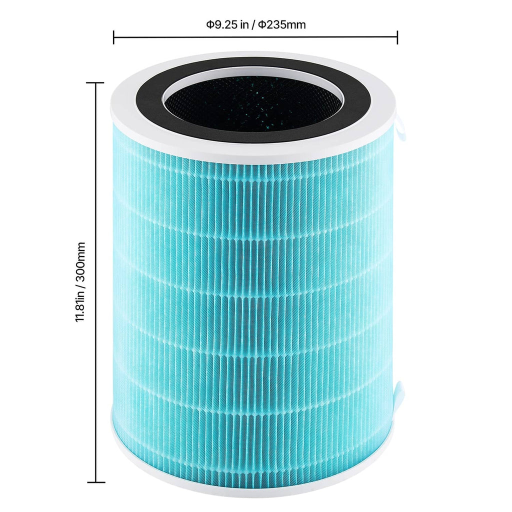 Blue air purifier filter replacement cylinder close-up with black top and white rim