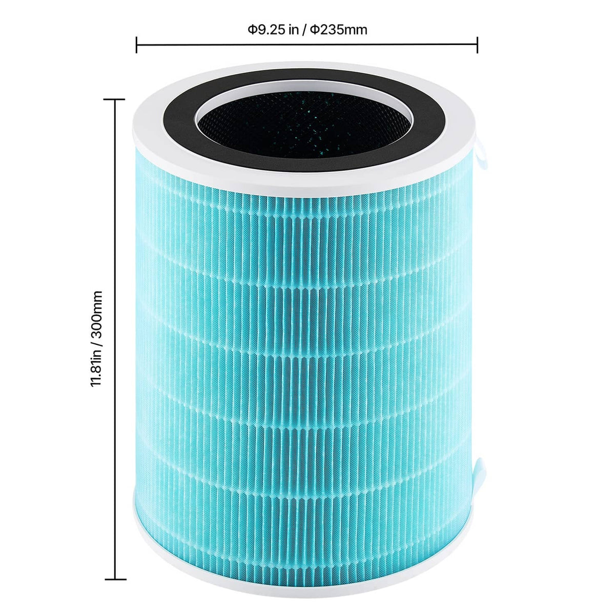 Blue air purifier filter replacement cylinder close-up with black top and white rim