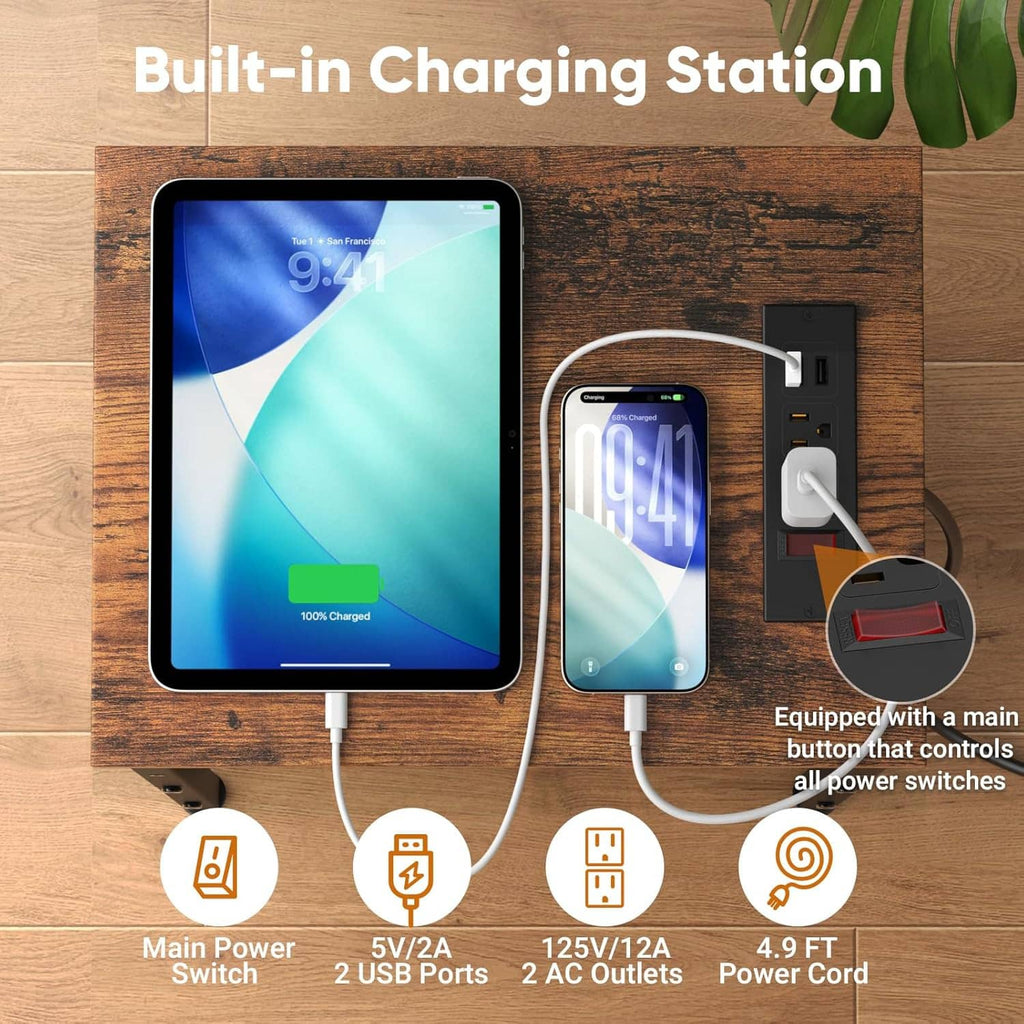 Narrow end table charging station with USB ports and AC outlets under tablet shelf