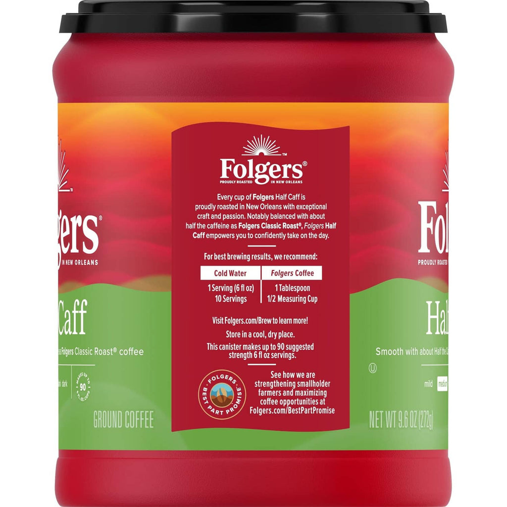Folgers Half Caff ground coffee canister, back label with brewing and serving details