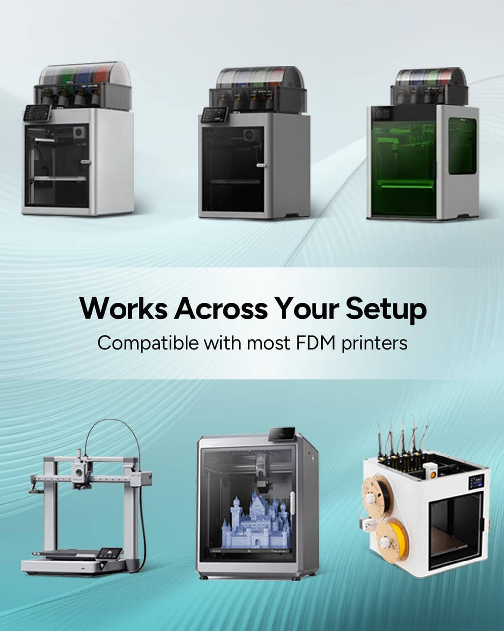 PLA filament works across FDM 3D printers, shown with three printer setups