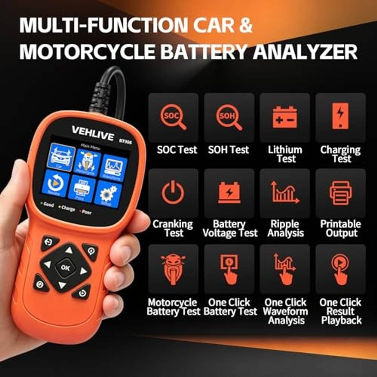 VEHILIVE BT906 battery analyzer held in hand, LCD screen with test icons