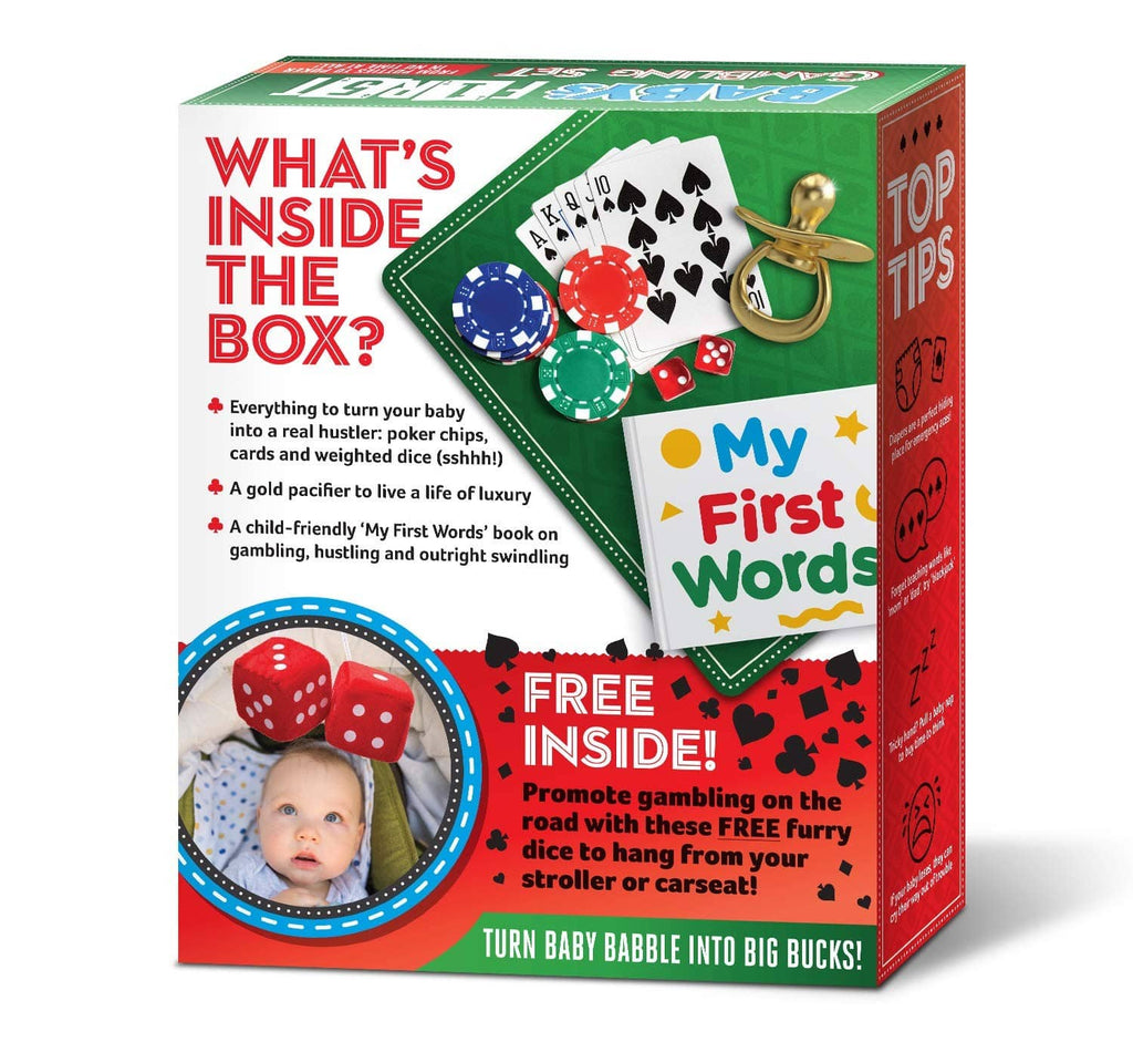 Multicolor prank gift box front panel with cards, poker chip icons, and baby word art