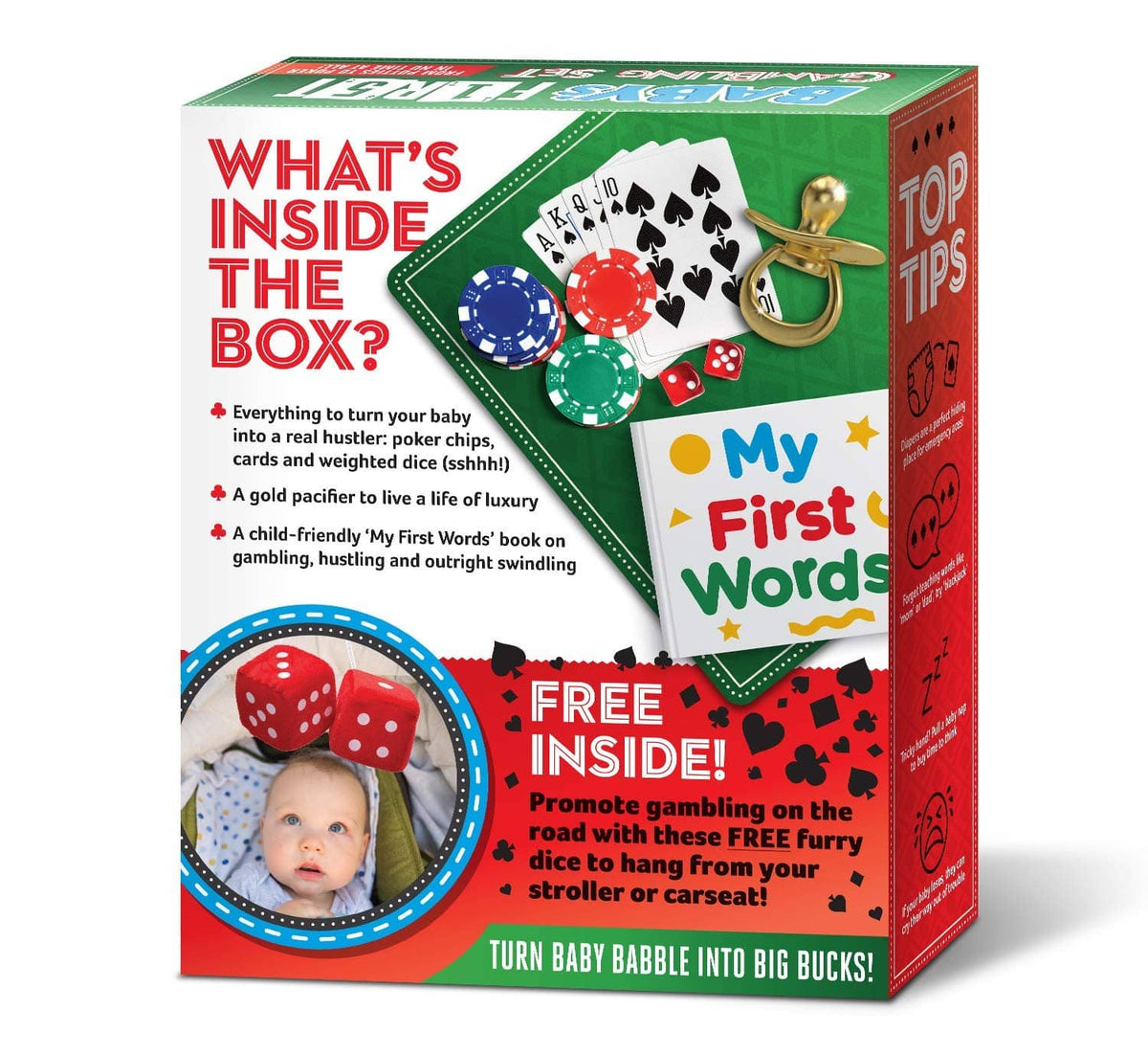 Multicolor prank gift box front panel with cards, poker chip icons, and baby word art