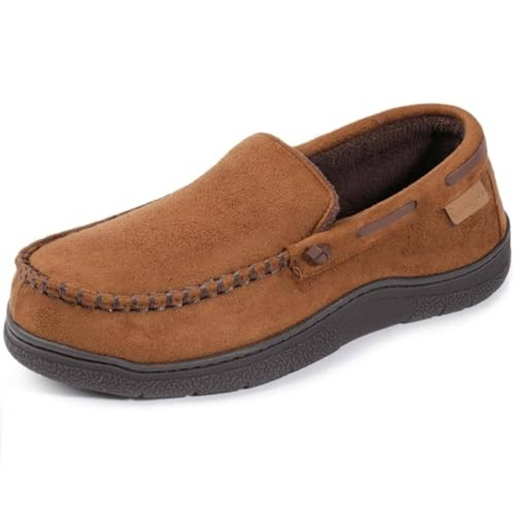 Camel suede moccasin house shoes with dark outsole and strap detail at top.