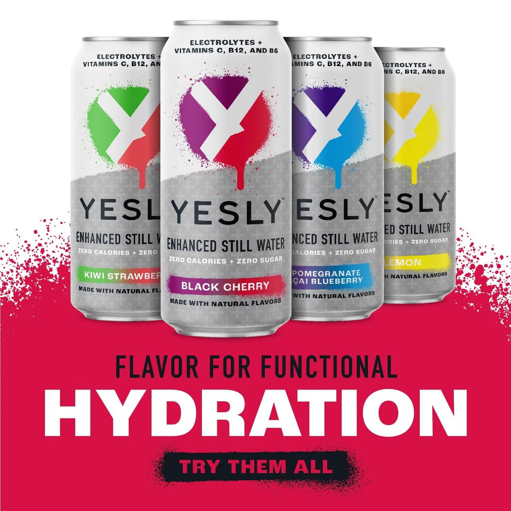 Functional water can variety display with FLAVOR FOR FUNCTIONAL HYDRATION text