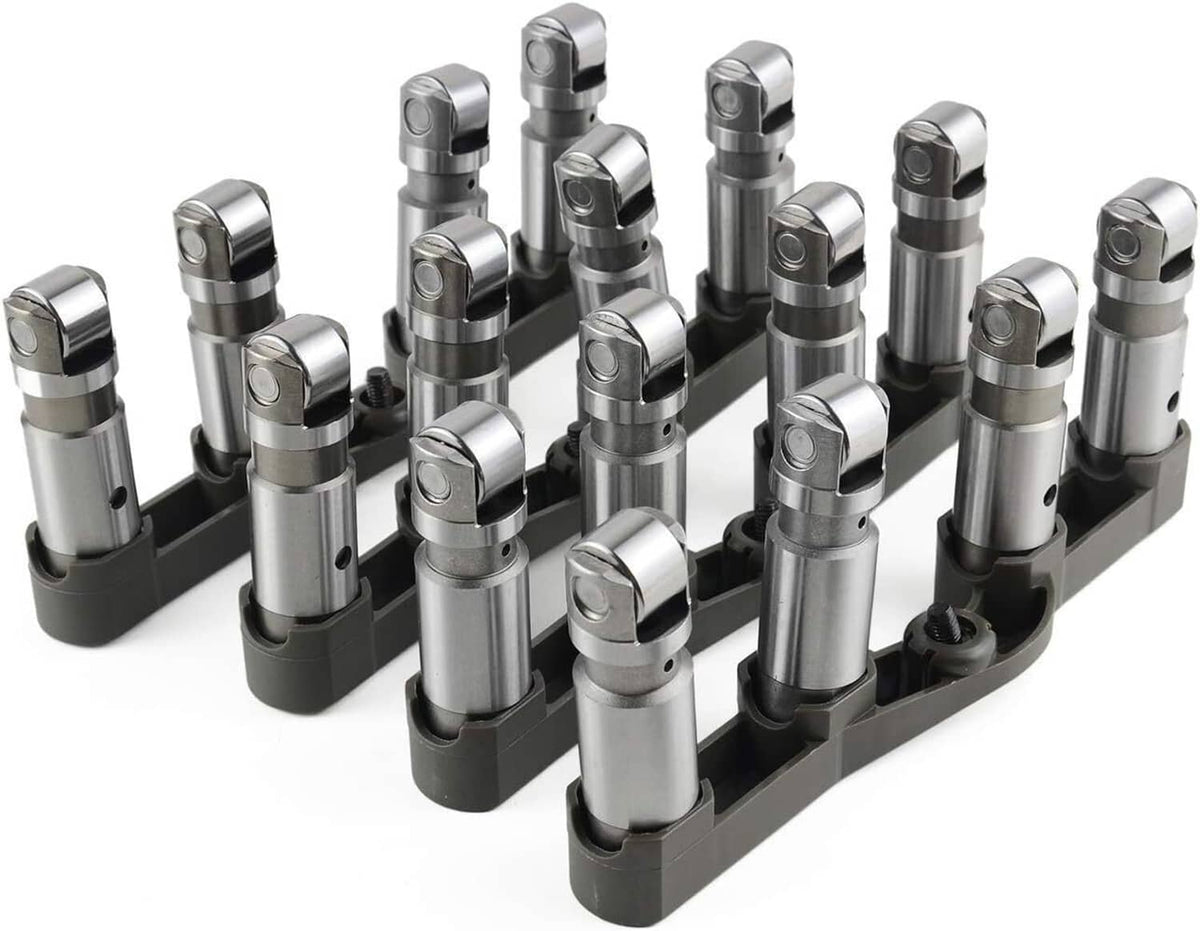 Metal camshaft lifters in a black plastic holder, chrome-finished components
