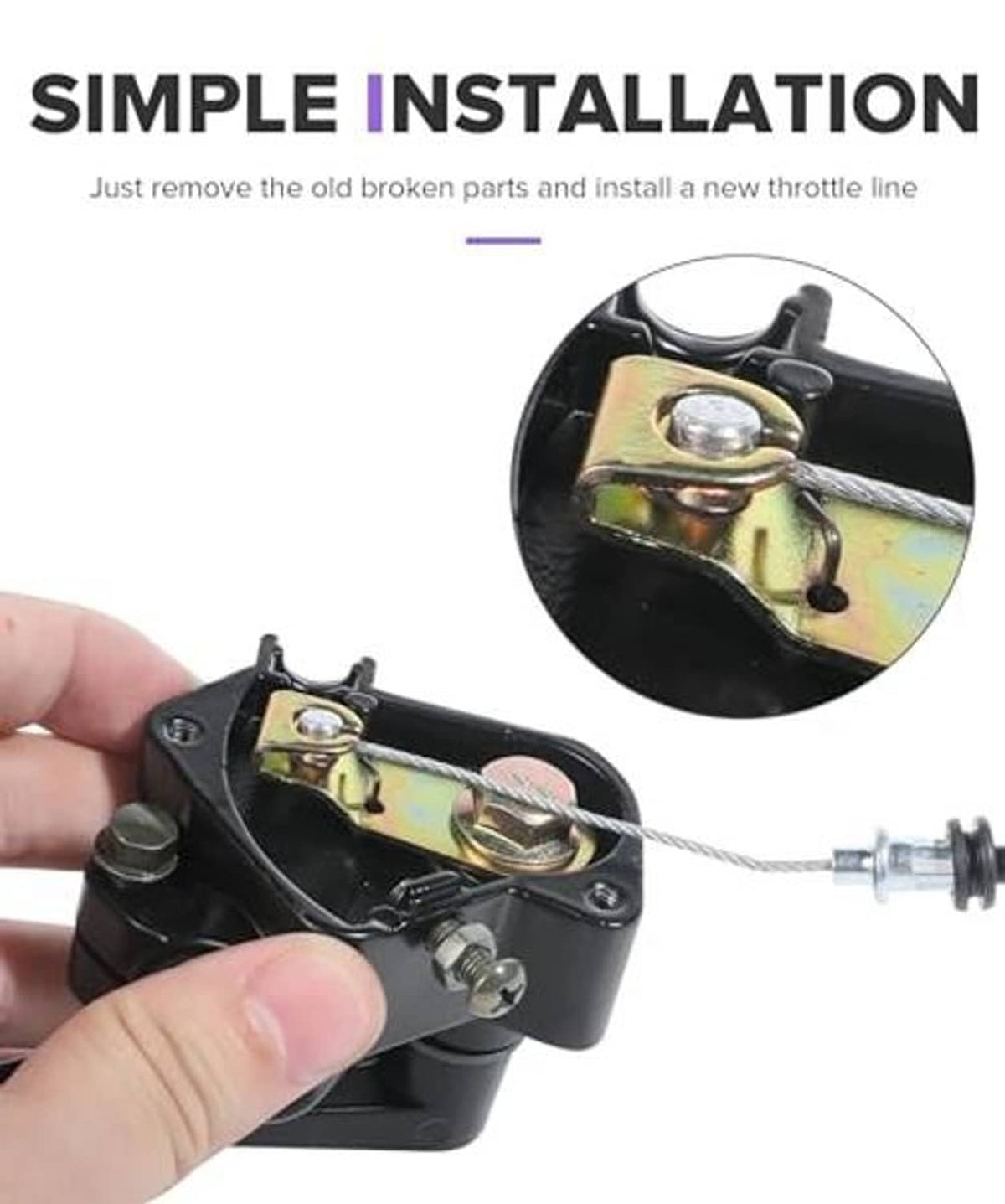 Black thumb throttle installation with cable end secured to the control unit