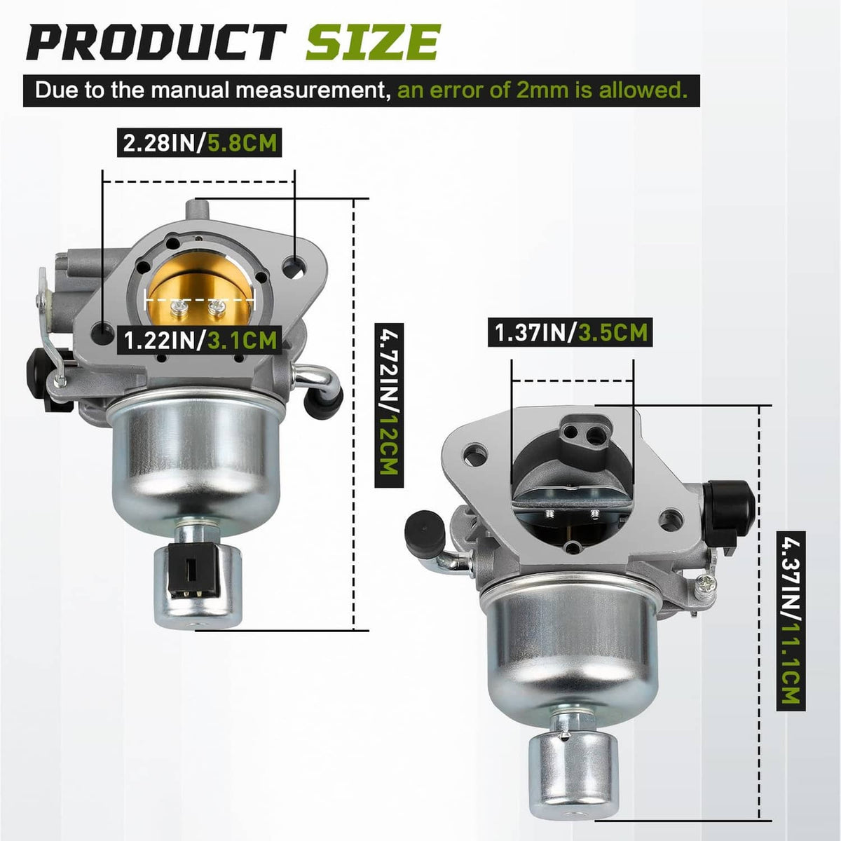 Carburetor with dimensions shown, silver metal body and circular inlet