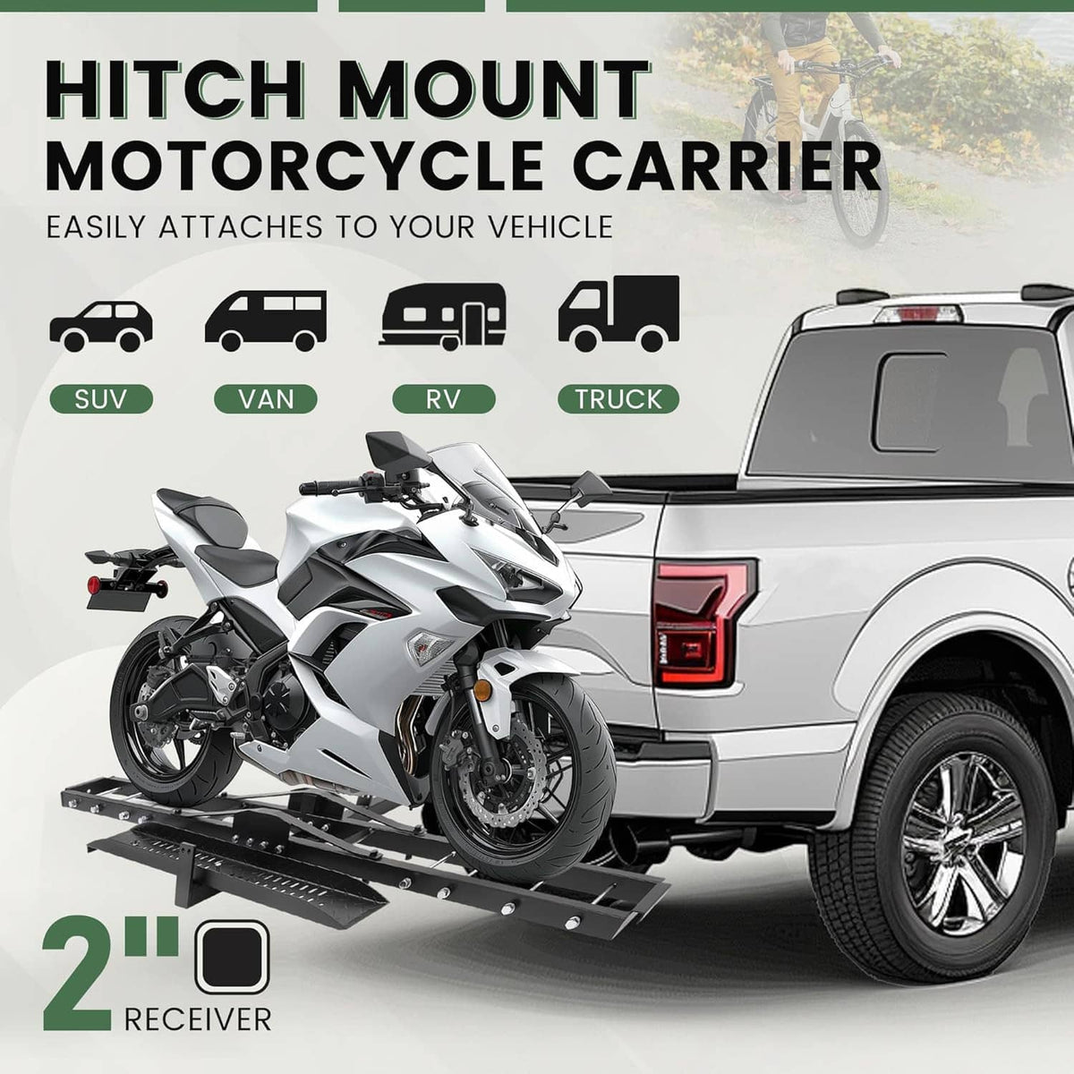 Hitch mount motorcycle carrier with gray pickup and motorcycle on platform