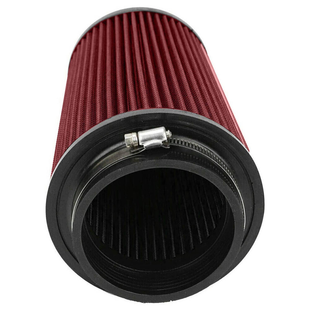 Red oiled air filter element with black base and metal mounting ring