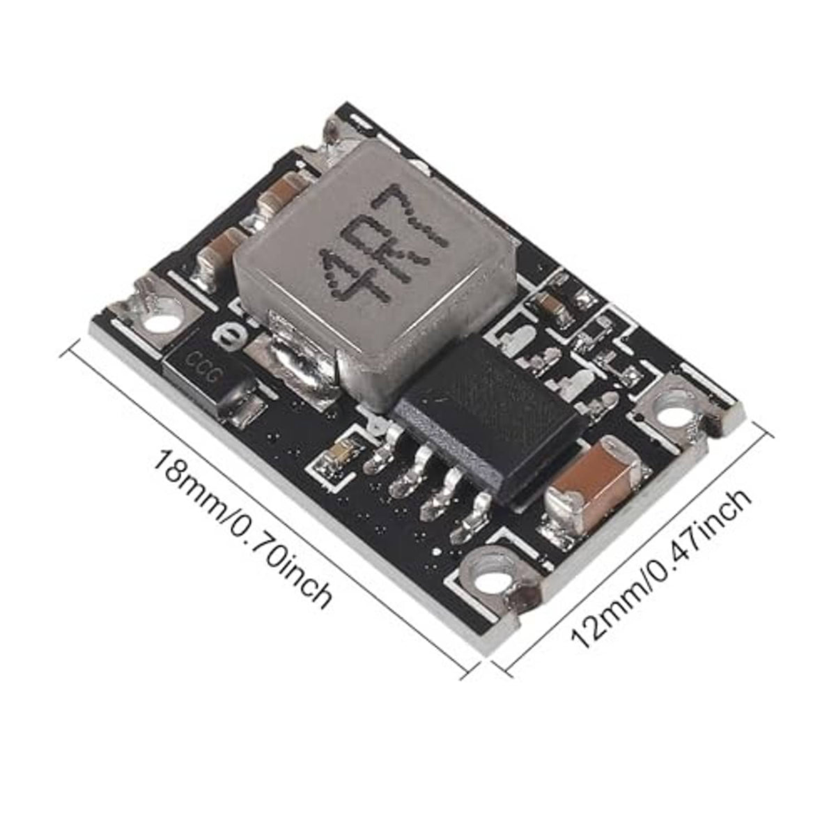 Compact DC-DC power supply module PCB with regulator IC, inductor, and mounting holes