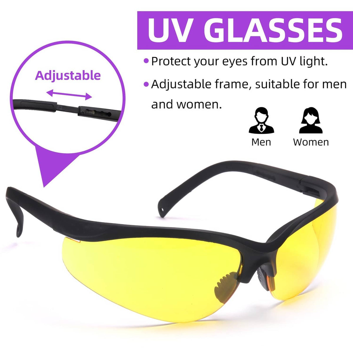 Adjustable black UV protection glasses with yellow lenses for leak detection