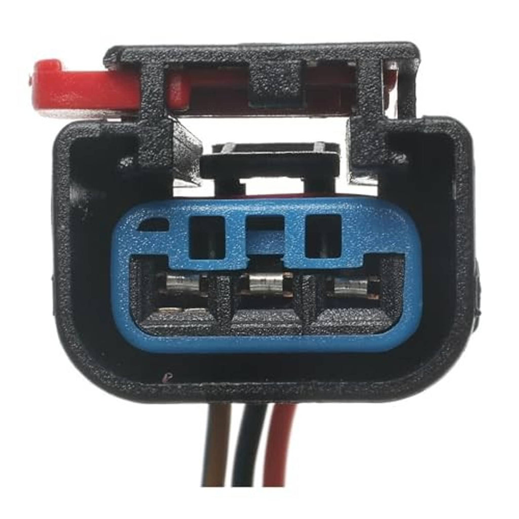 Engine wiring harness pigtail connector with blue terminal insert and visible metal pins