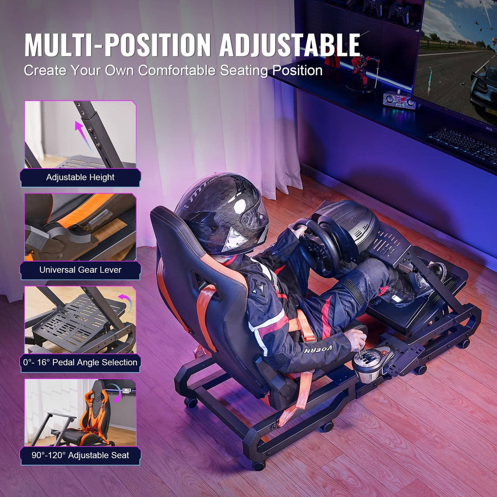 Racing simulator cockpit with orange-and-black seat, adjustable height, and control rails
