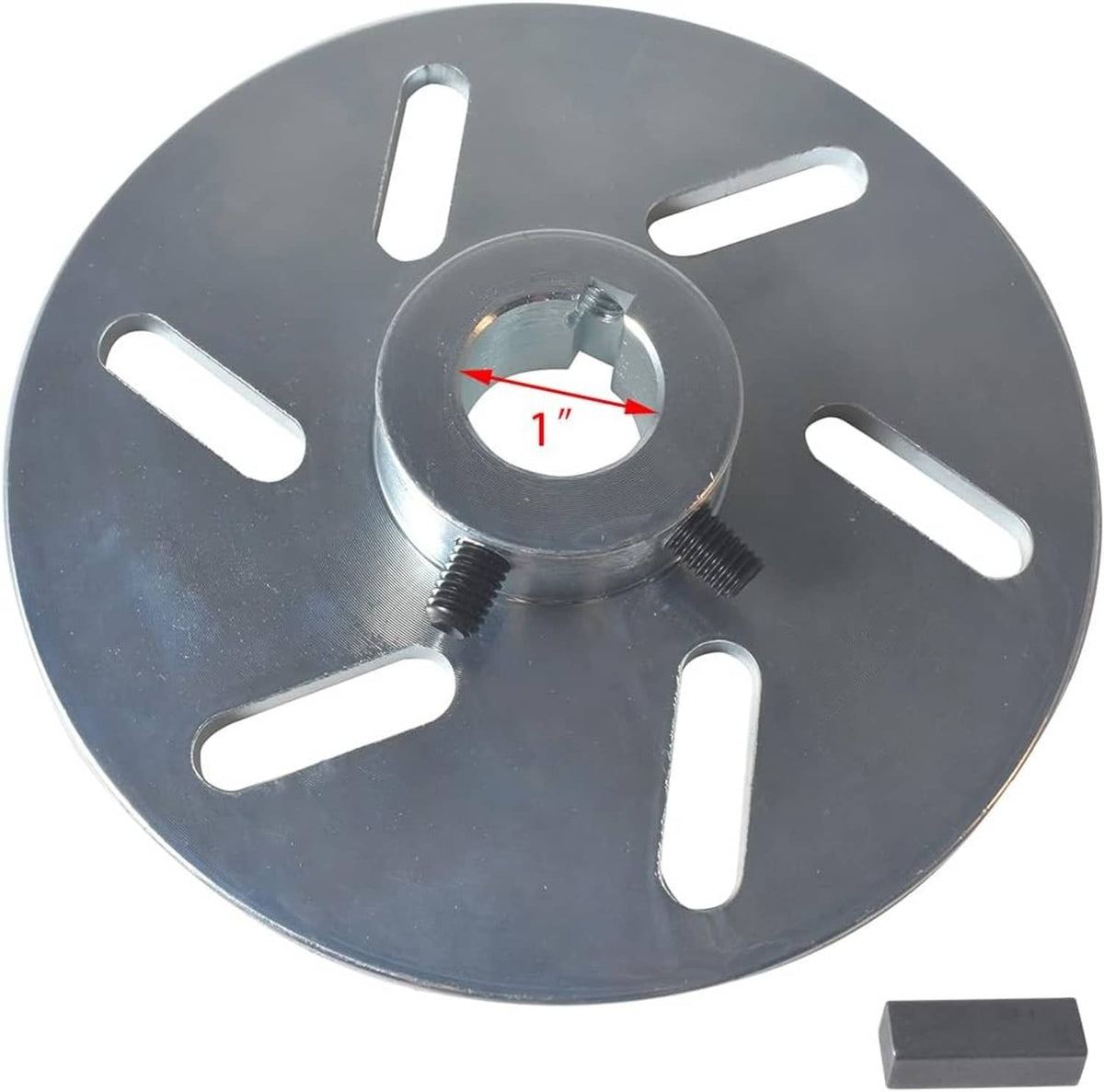 Steel brake disc with center hub and bolt holes, 1 in measurement marked