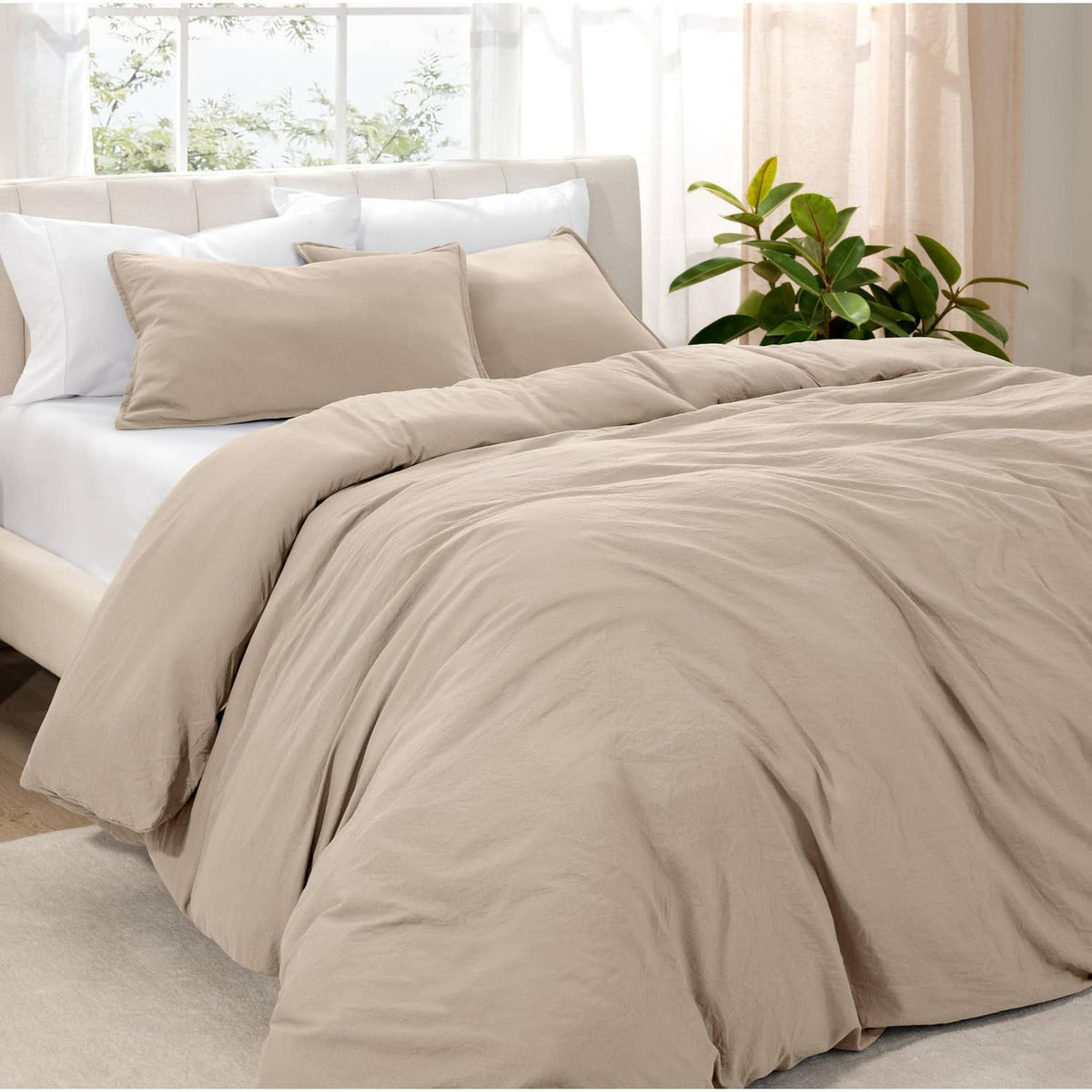 Queen duvet cover set, pebble beige washed fabric, with matching pillow shams