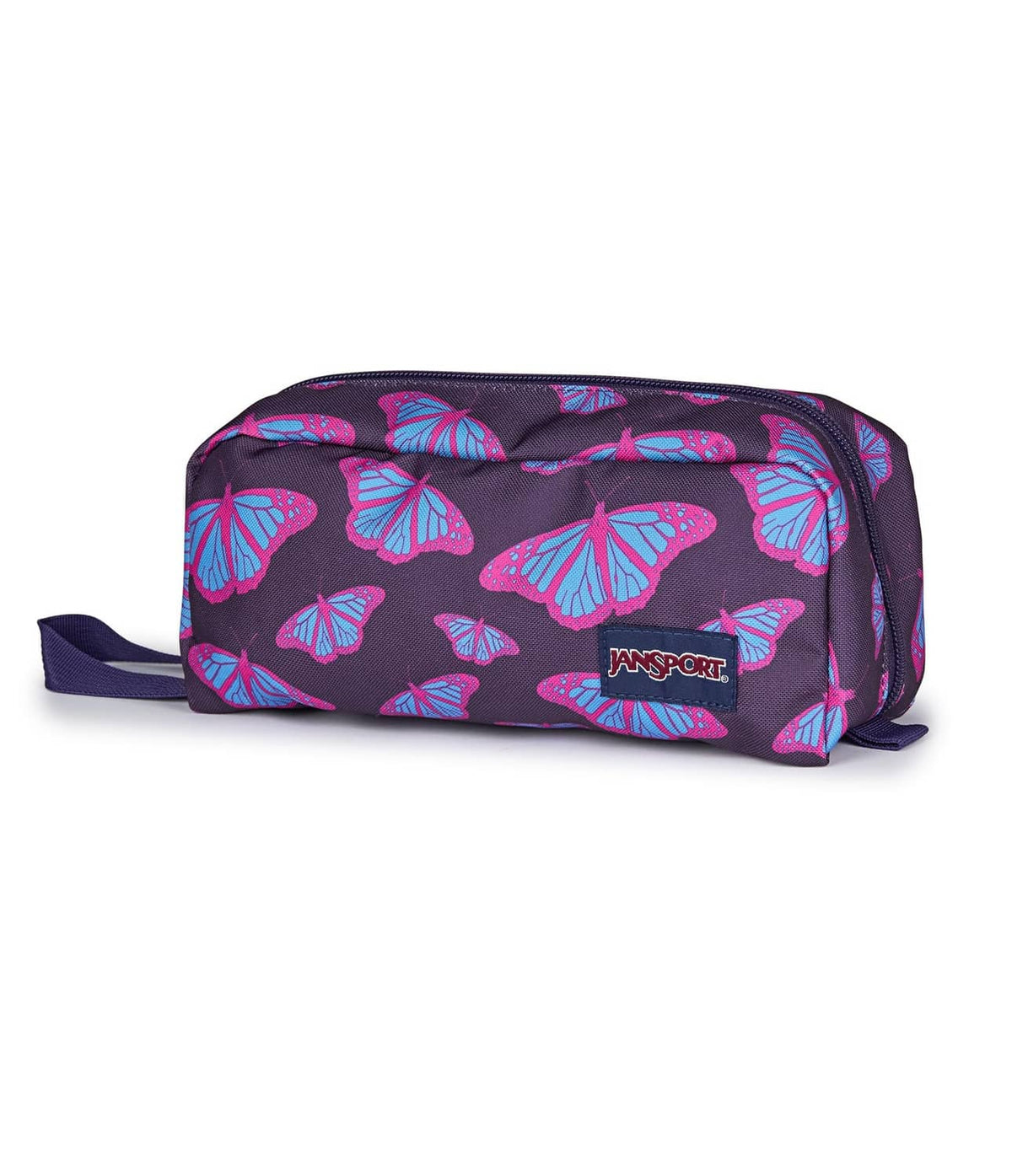 Purple patterned zip pouch with JanSport logo and side handle loop