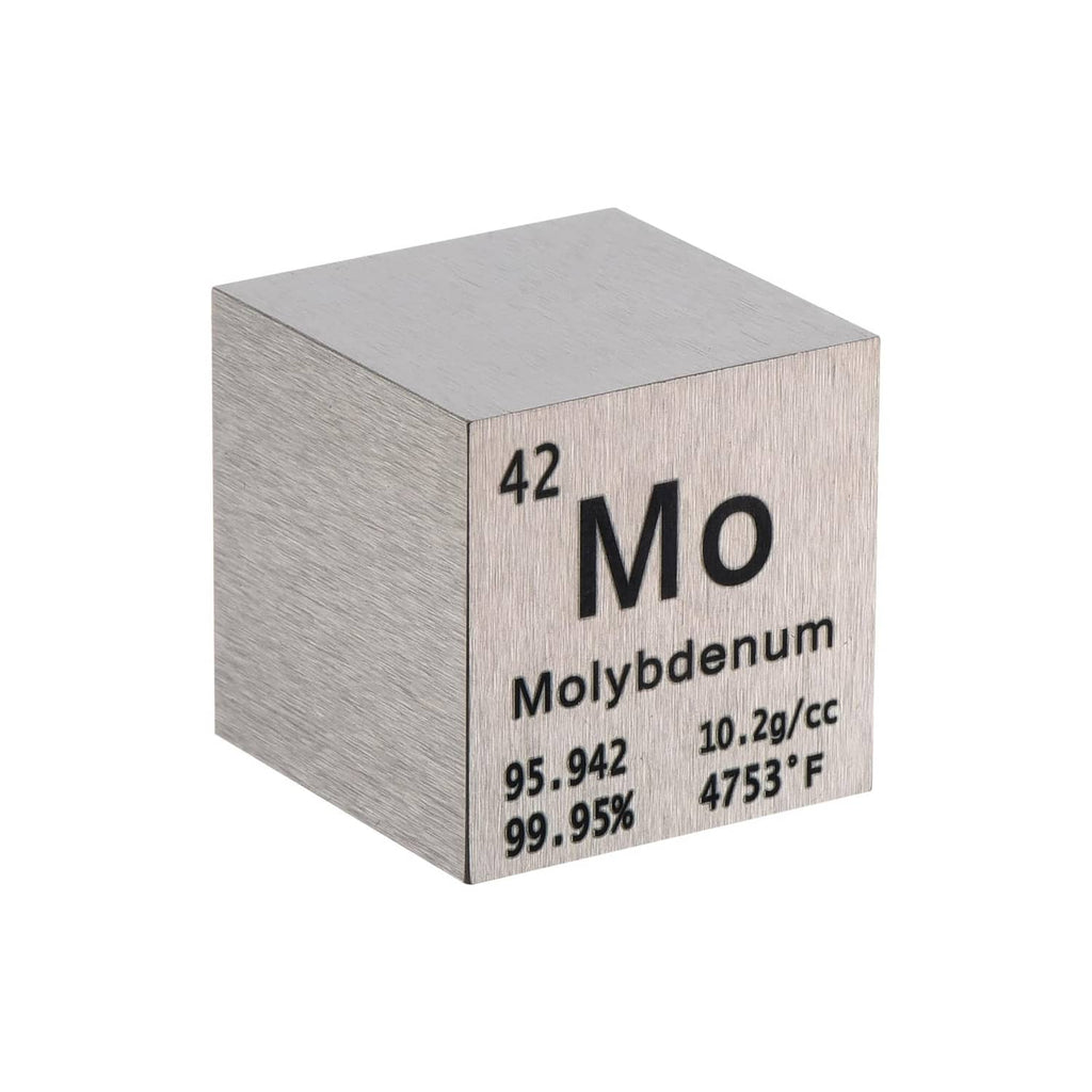 Silver-toned molybdenum metal cube with Mo symbol and atomic data on side