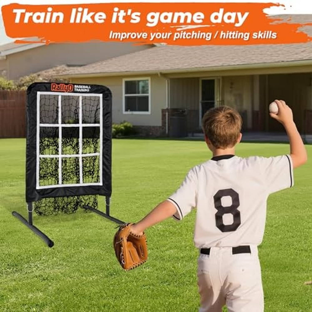 Baseball strike training net on grass with black legs and white target grid