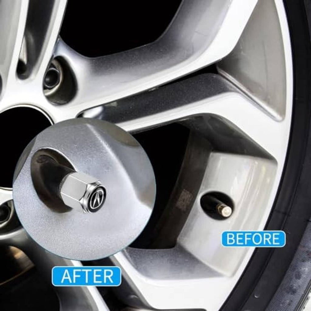 Installed silver metal tire valve stem cap with black top and white emblem on wheel