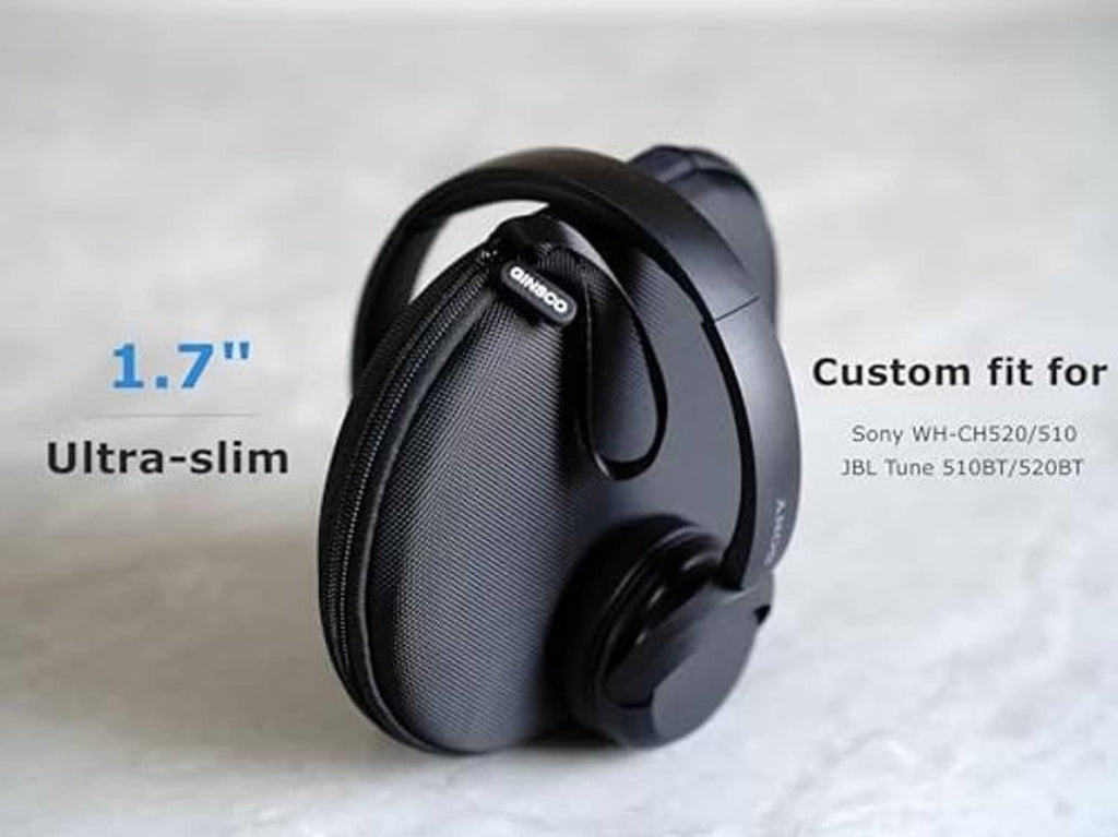 Gray-and-black zip headphone case with headphones stored inside, compact profile