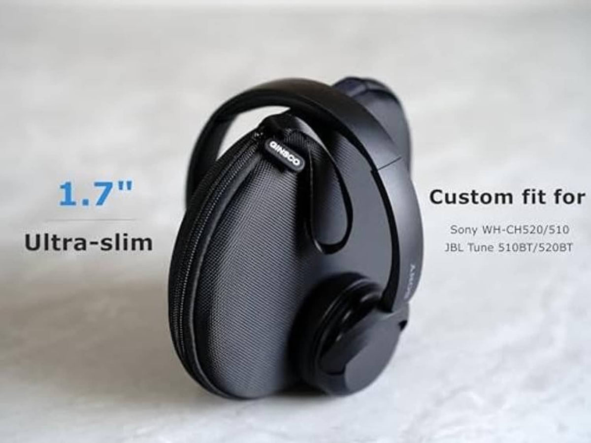Gray-and-black zip headphone case with headphones stored inside, compact profile