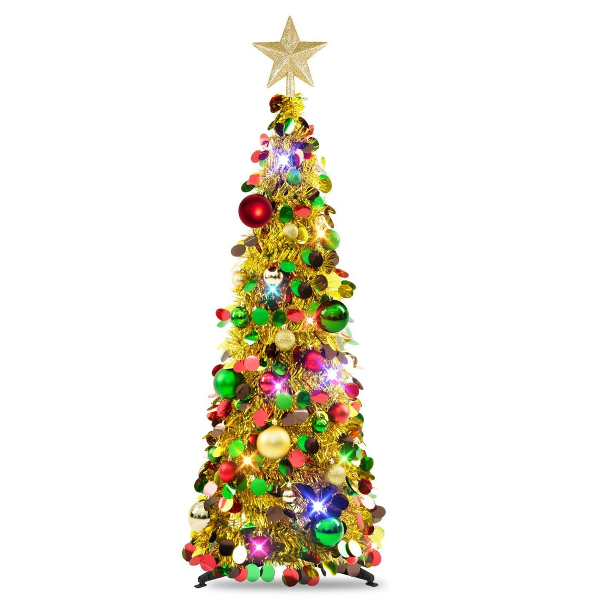 3ft gold pop-up Christmas tree with star topper, multicolor ornaments and LED lights
