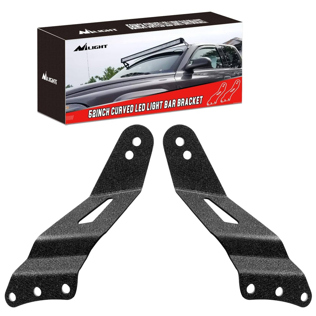 Pair of curved black metal LED light bar brackets with mounting holes and slots