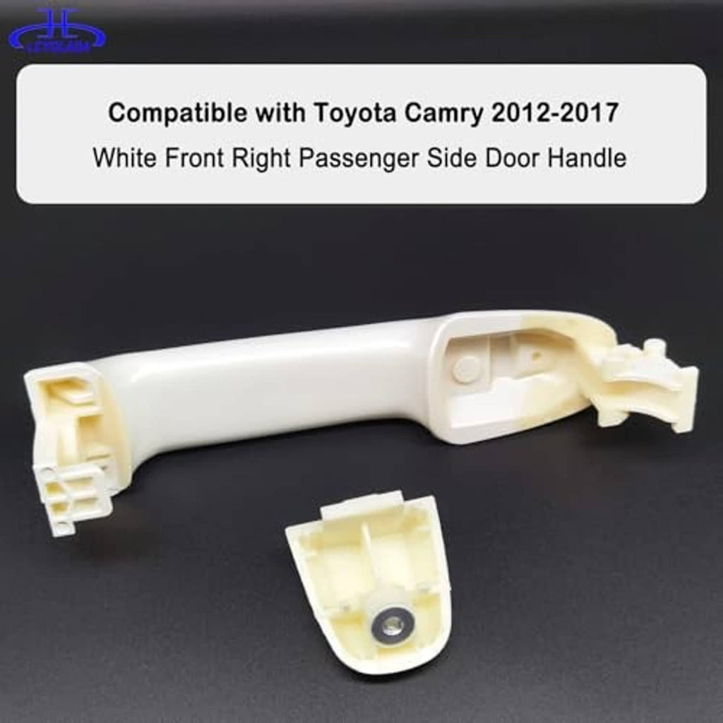 White exterior door handle with mounting clips and interior bracket pieces