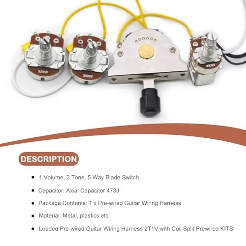 Close-up of prewired guitar harness with 5-way blade switch, four potentiometers, and yellow leads