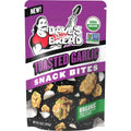 Toasted garlic snack bites bag, purple packaging with snack bite pieces pictured