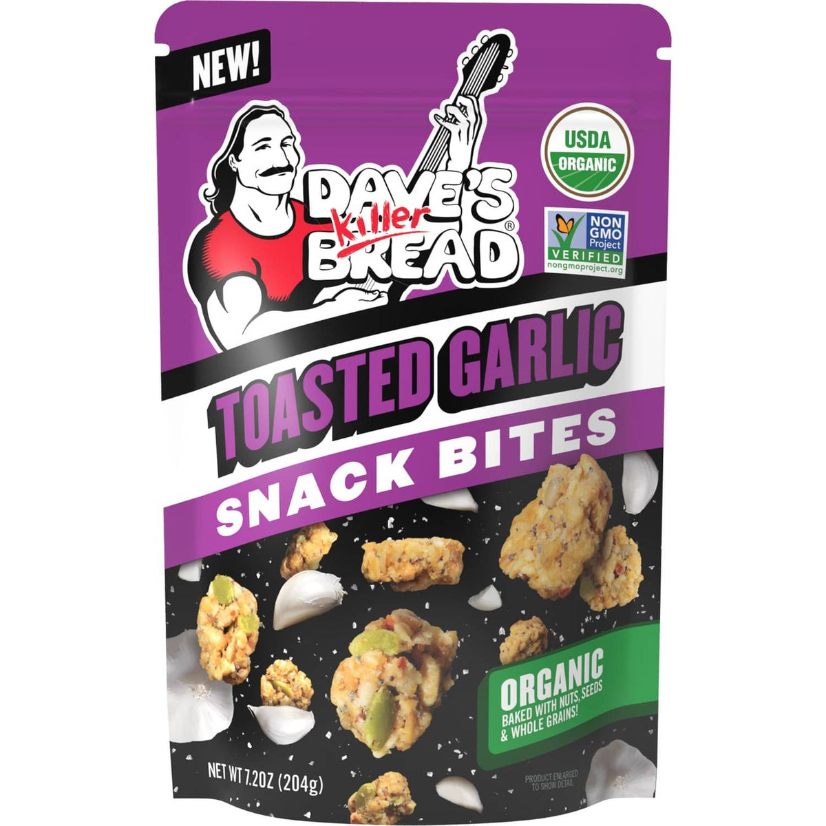 Toasted garlic snack bites bag, purple packaging with snack bite pieces pictured