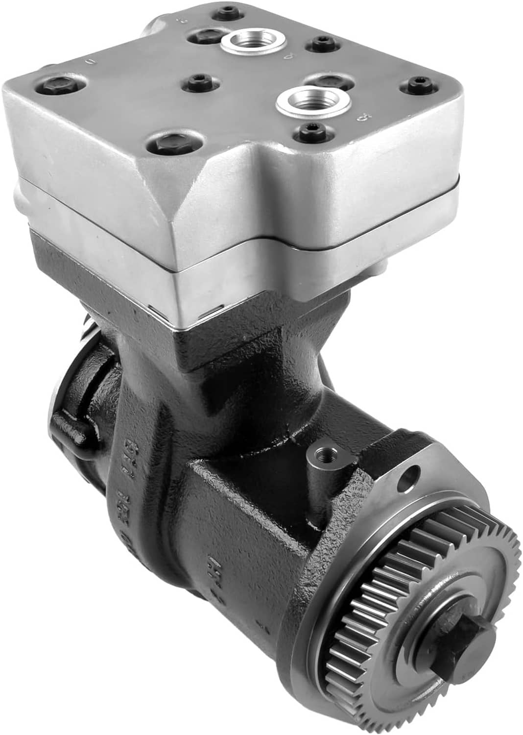 Air compressor with silver top and black housing, includes outlet ports and gear shaft
