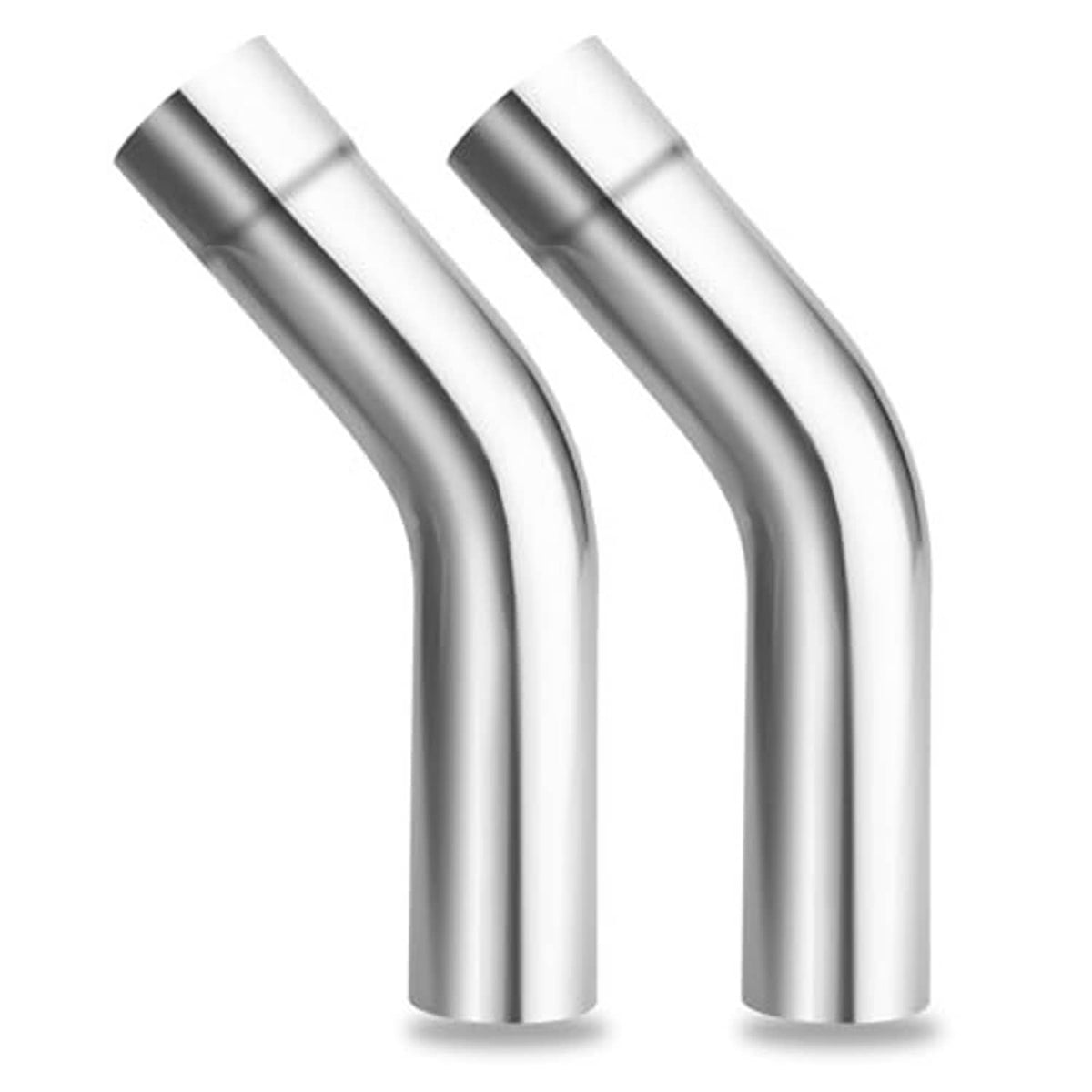 Two 45-degree stainless exhaust elbows with smooth polished finish, silver