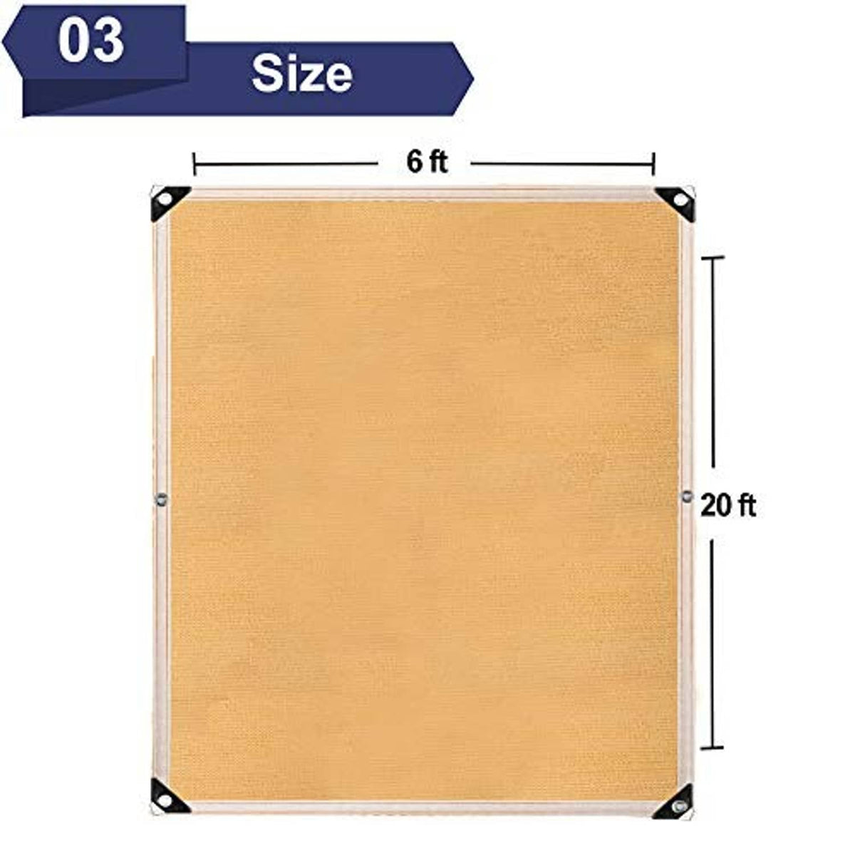 Tan shade sail measuring 6 ft by 20 ft, with metal grommets at corners