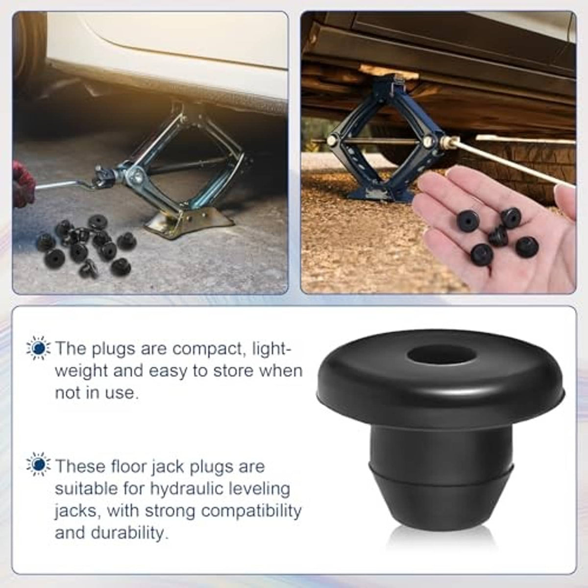 Black rubber hydraulic jack oil plug, single flat-head cap with central hole
