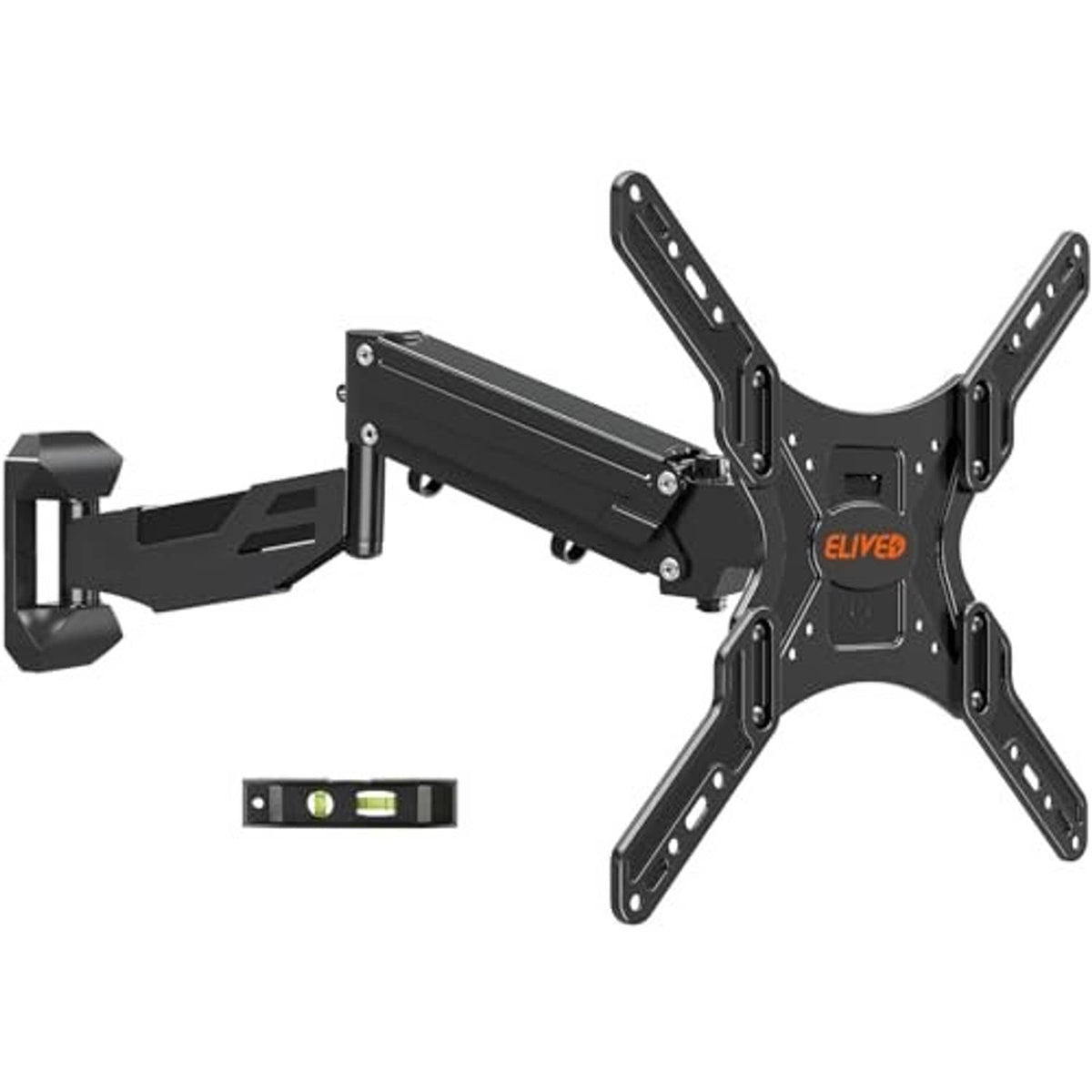 Black TV wall mount bracket with long swivel arms and VESA mounting plate