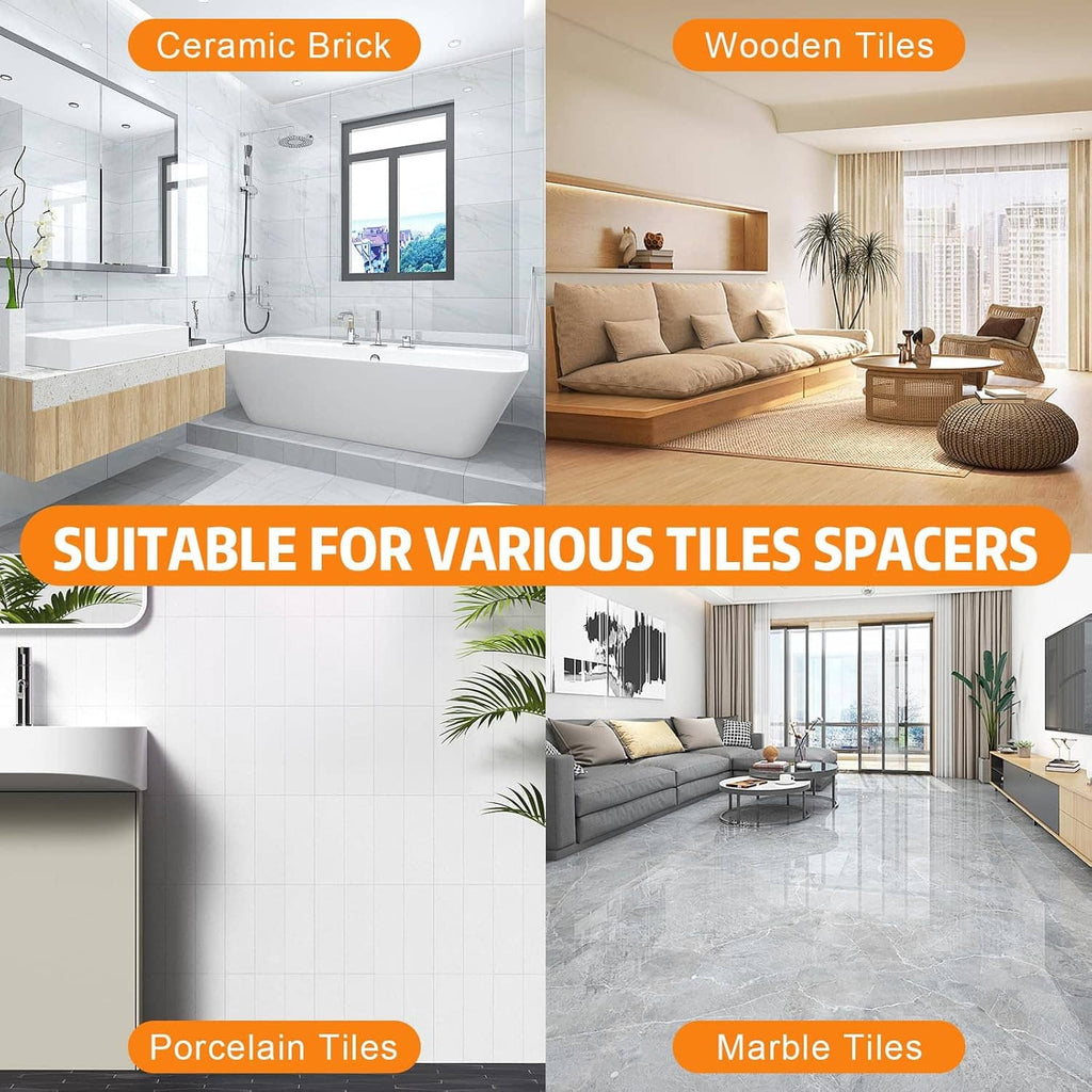 Tile leveling system for various tile types, showing spacer clips for installation