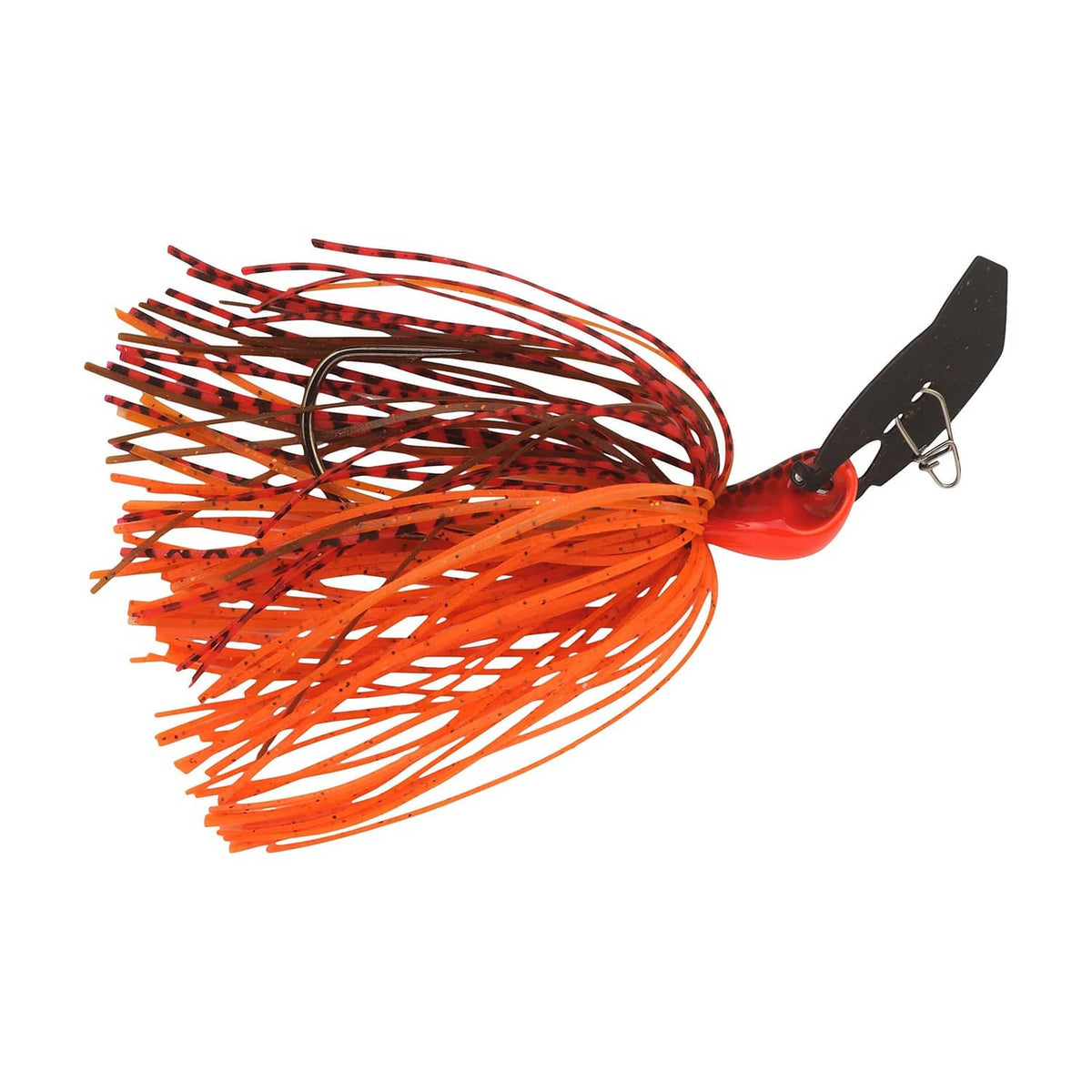 Orange and red striped bladed jig with black blade head and curved fishing hook.