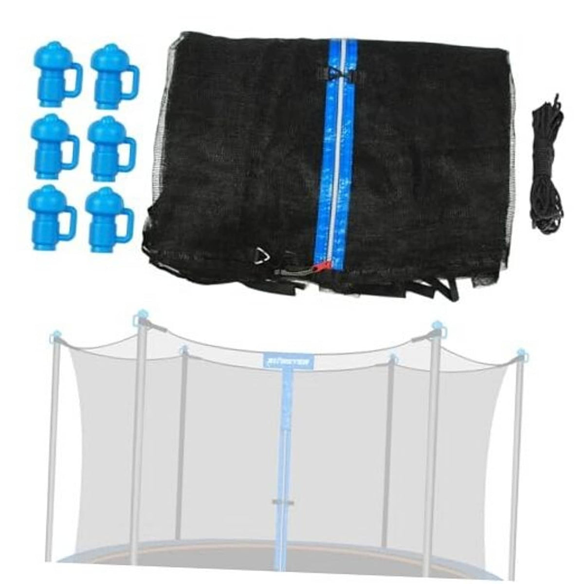 15 ft trampoline enclosure net with straight poles, black mesh and blue zipper stripe