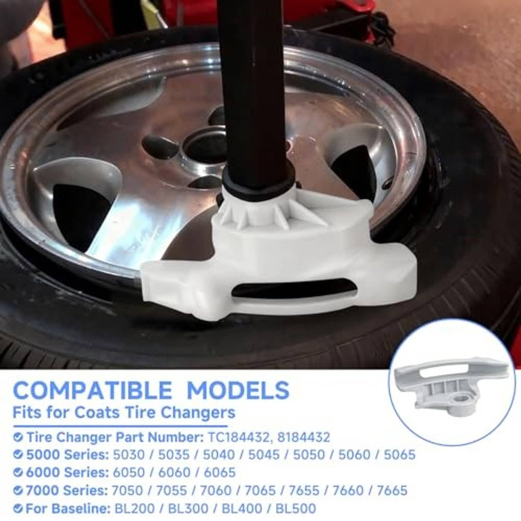 White plastic duck head tire changer tool mounted on a wheel for tire demounting